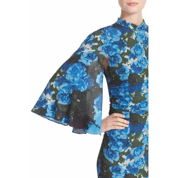 $348 Tracy Reese Blue Foral Cutout Back Flutter Sleeve Ruched Dress 2 NWT - Picture 3 of 16